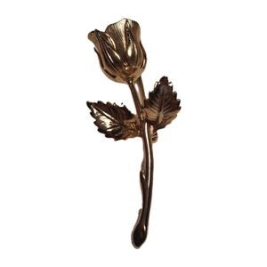 Rose Bud Gold Tone Brooch Pin ,,With Stem And Detailed Leaves 2 Inches